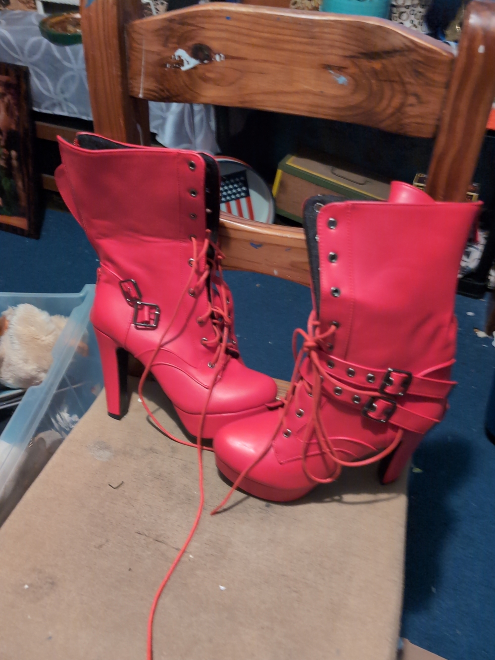 Bold Red Lace-Up High Heel Ankle Boots with Buckle Straps